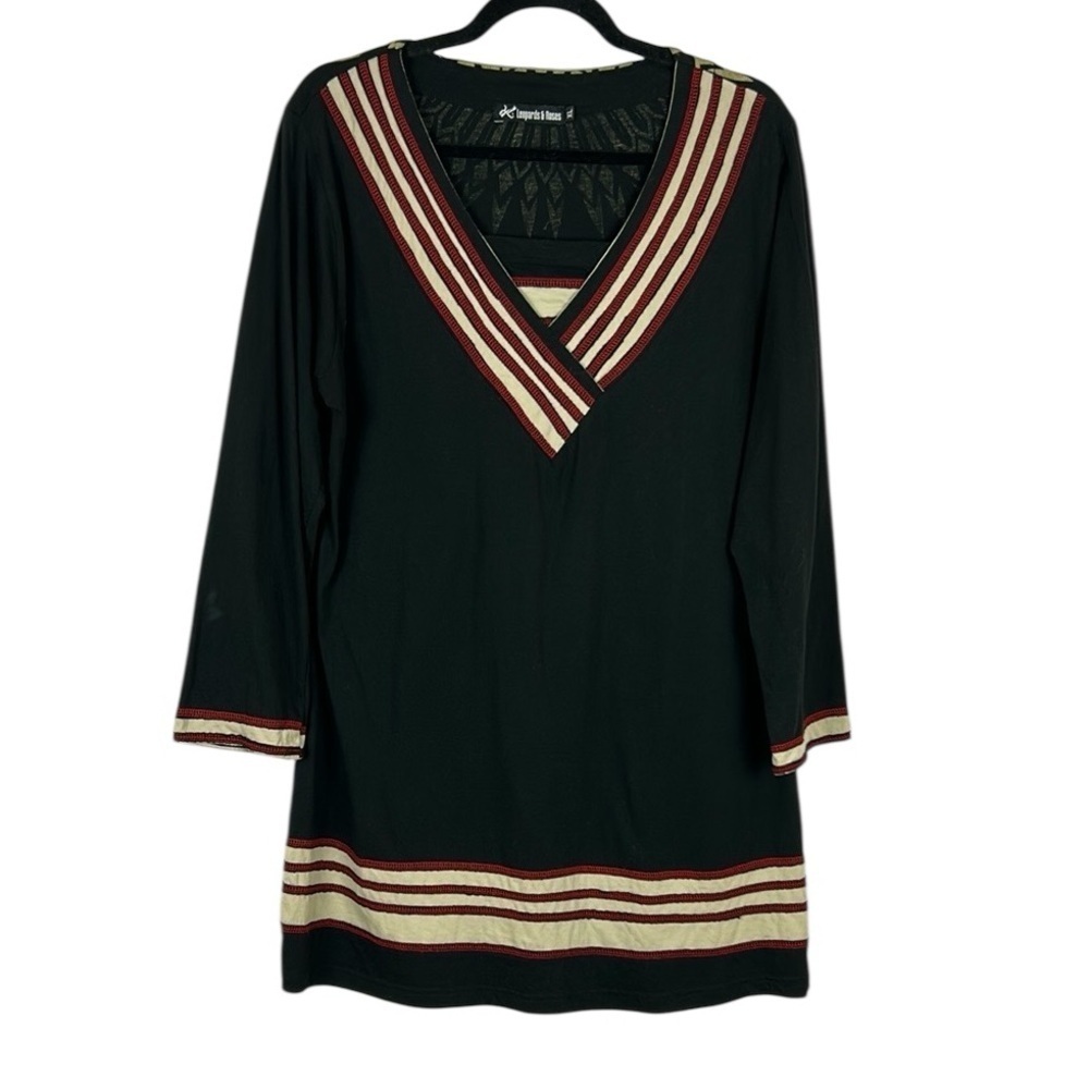 Leopards & Roses Academia Cotton V Neck Long Sleeve Tunic Top Dress XL Black